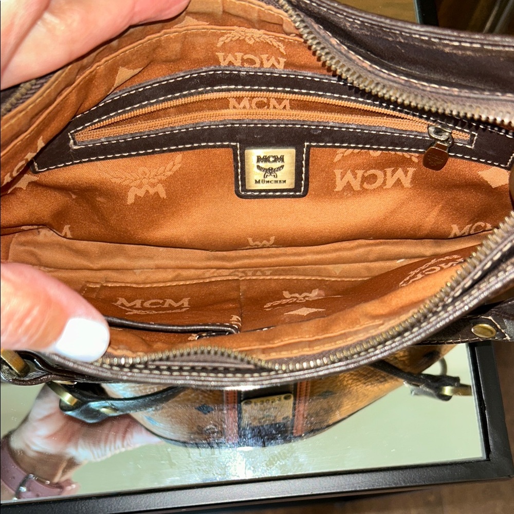 MCM Cognac and Dark Brown Logo Shoulder Bag - Picture 12 of 14